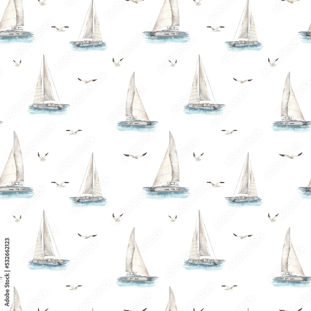 Watercolor seamless pattern with yachts, catamarans in the sea, ocean and seagulls, nautical print