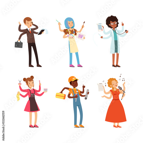 Multitasking people of different professions set. Busy singer, businessman, hairdresser, doctor, painter with many hands cartoon vector illustration