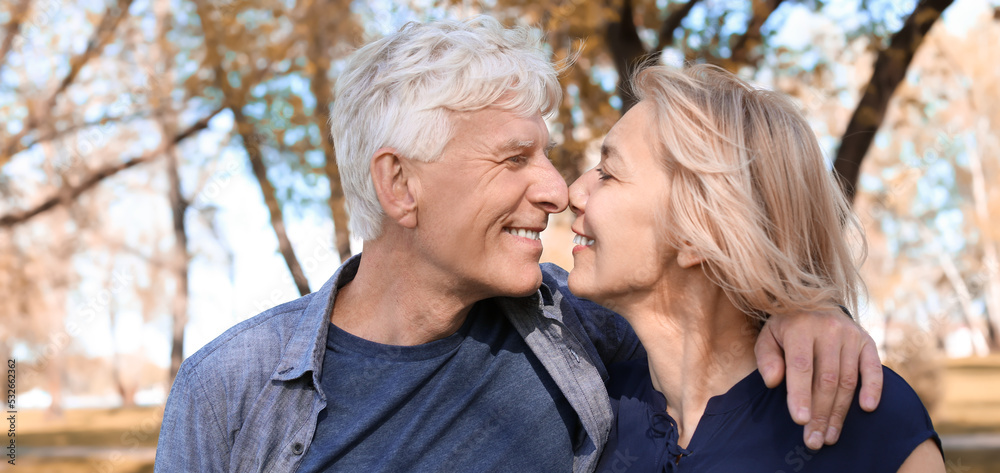 Happy mature couple walking in autumn park Happy mature couple walking in autumn park