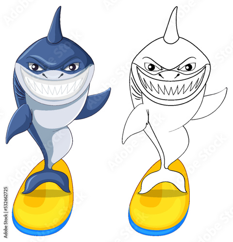 Shark cartoon character with its doodle outline surfing
