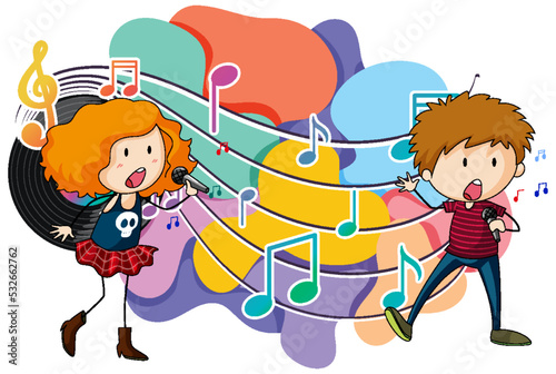 Singer boy and girl cartoon with music melody symbols