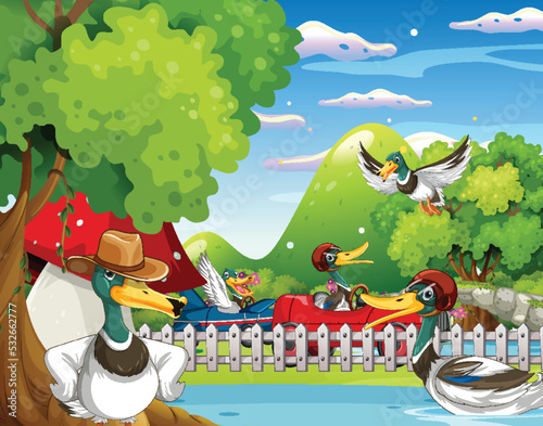 Outdoor scene with cartoon ducks