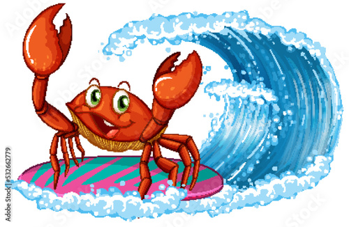 Cute crab cartoon character surfing