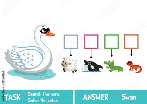 Educational puzzle game for kids. Find the hidden word Swan. Vector illustration.
