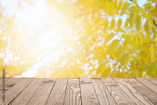 Empty wooden table in sunny...