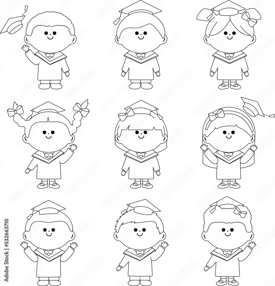 Group of children students with graduation gowns and hats. Vector black and white coloring page.