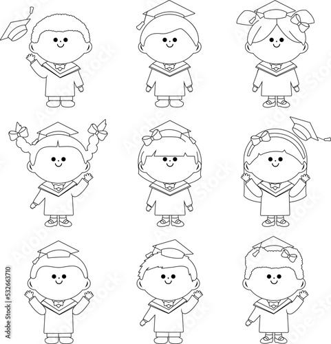 Group of children students with graduation gowns and hats. Vector black and white coloring page.
