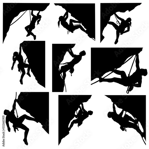 Set of rock climbers silhouette, vector illustration
