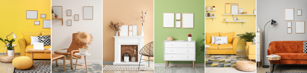 Collage of modern interiors of living room with photo frames