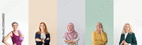 Valokuva Group of happy mature women on color background