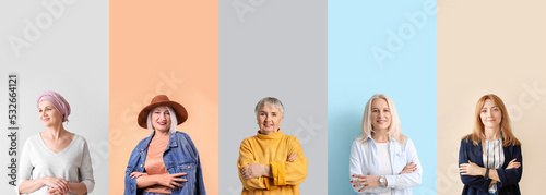 Group of positive mature women on color background. Concept of ageing and menopause photo