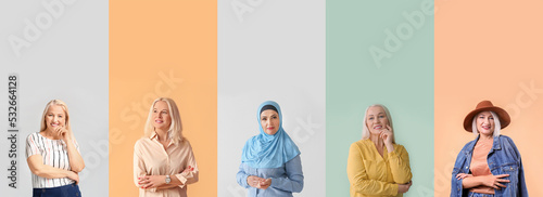 Obraz na plátně Set of happy mature women on color background