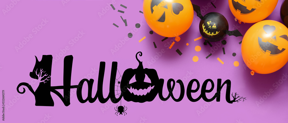 Banner with funny Halloween balloons on lilac background