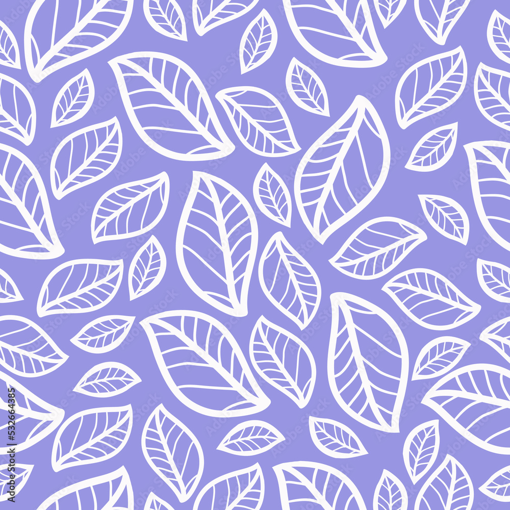 Simple leaf pattern. Vintage. Lilac background, white outline leaves ornament. Print suitable for textiles, banners and Wallpapers.