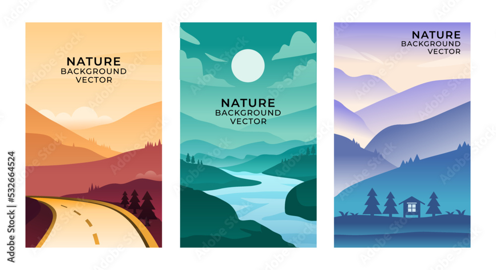 Vector set of gradient color abstract backgrounds, landscape with mountains and hills, vertical banners and backgrounds for social media stories, banners
