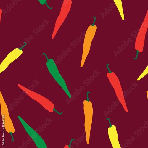 A simple pattern of peppers. cute little hot peppers. dark red background. Fashionable print for textiles and wallpaper.