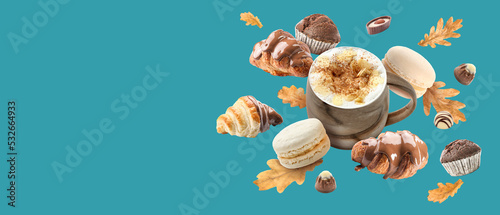 Cup of coffee, sweets and autumn leaves on blue background with space for text