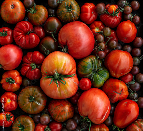 Multicolored tomatoes of different sizes and types, top view, horizontal composition.Fresh, raw and colorful tomatoes of different sizes and types.Slightly cracked tomatoes from ripeness and juiciness