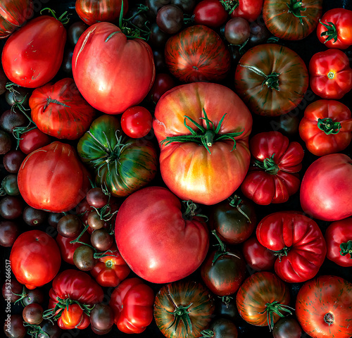 Multicolored tomatoes of different sizes and types, in appearance, a horizontal composition. Fresh, raw and colorful tomatoes of different sizes and types. bright attractive background. poster