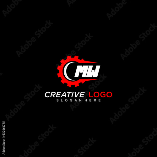 MW initial monogram for automotive logo with gear wheel image design vector