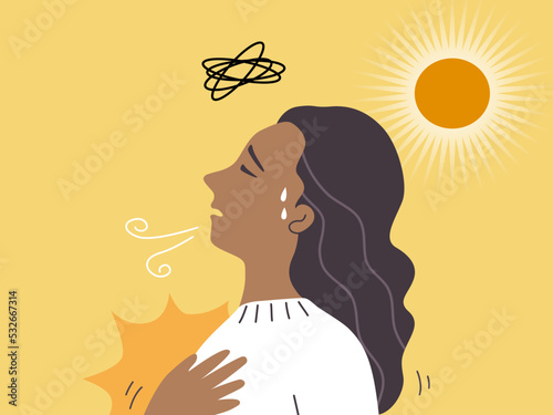 A woman standing under sun light on hot weather and having headache, breathless, dizzy and chest pain. sunstroke concept. flat vector illustration.