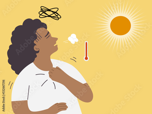 A woman standing under sun light on hot weather and having headache, breathless, dizzy and chest pain. sunstroke concept. flat vector illustration.