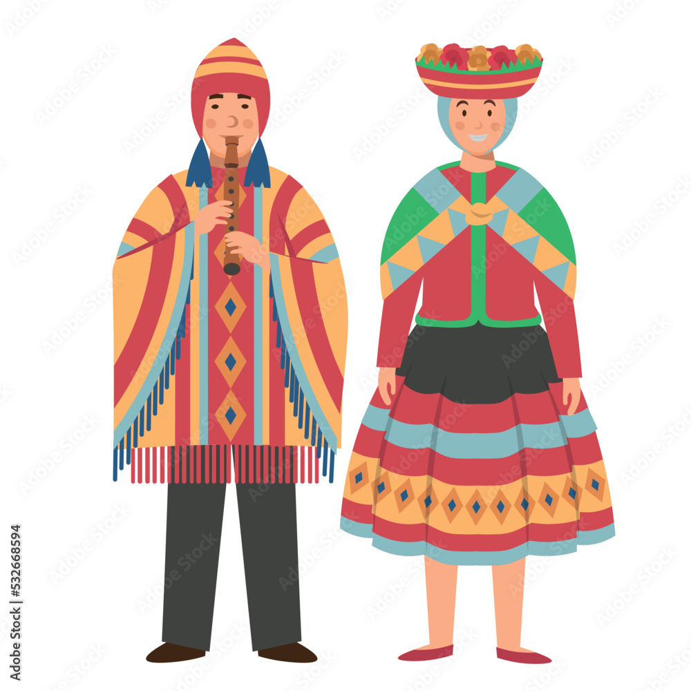 Cartoon men's and women's costumes of Peru, character for children. Flat vector illustration