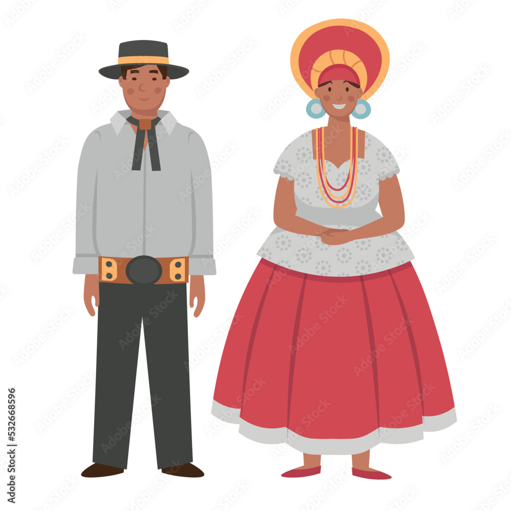 Cartoon men's and women's costumes of Brazil character for children. Flat vector illustration