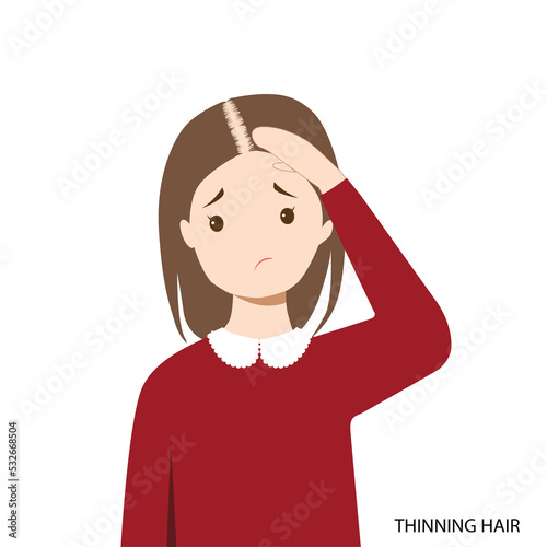 Young women worry about thinning hair balding, illustration cartoon isolated in white background