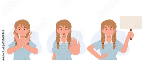 Woman is showing a gesture No. negative, opposite gestures set. woman protested holding a sign with the words No. no concept. vector illustration.