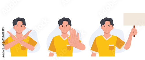 man is showing a gesture No. negative, opposite gestures set. man protested holding a sign with the words No. no concept. vector illustration.