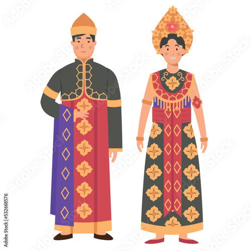 Cartoon men's and women's costumes of Indonesia, character for children. Flat vector illustration