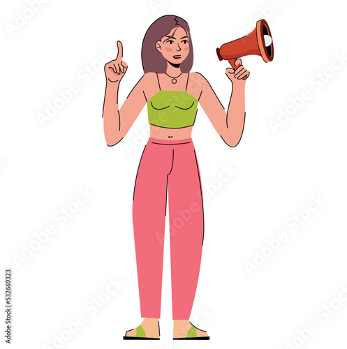 Feminism. girlpower. angry woman with a loudspeaker megaphone  protest. girl at a rally. Flat vector illustration isolated on white background.