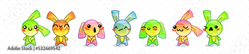 Raimbow Rabbits. Emoticons, doodle faces, eyes and mouth. Caricature comic expressive emotions, smiling, crying and surprised character face expressions © Drekhann