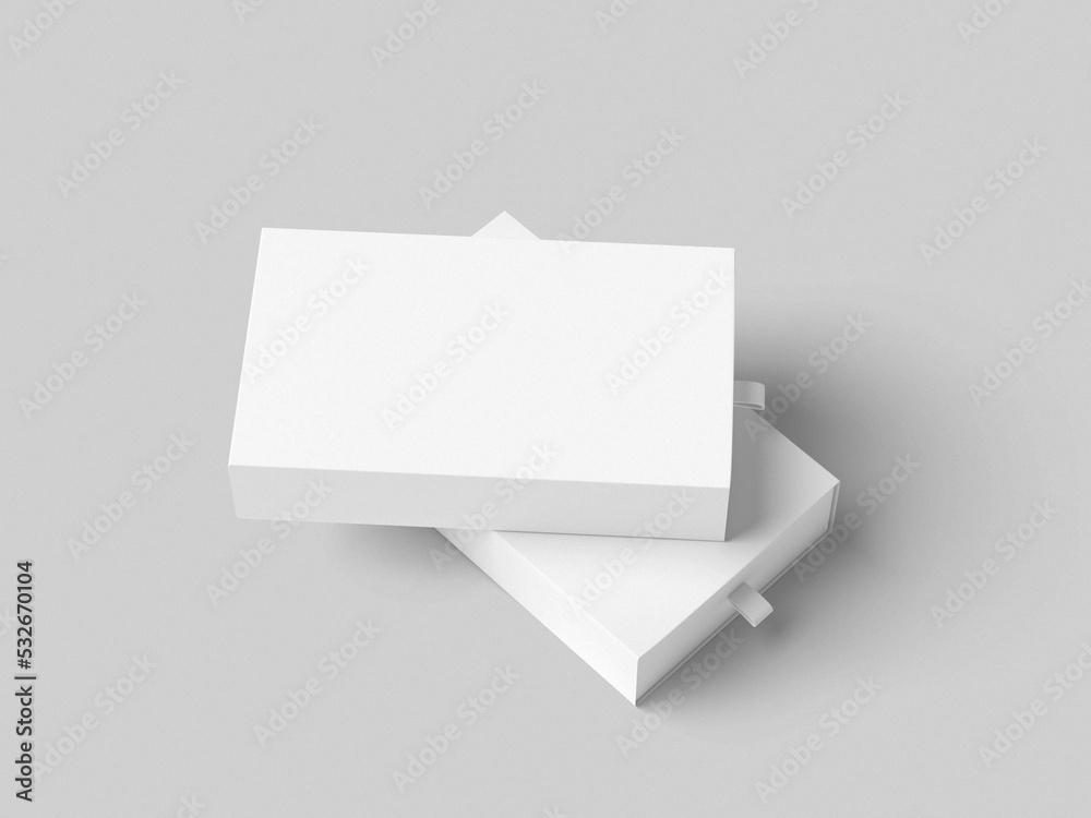 Two sliding drawer box packaging mockups. 3D illustration object. Perspective view. Two sliding drawer box packaging mockups. 3D illustration object. Perspective view.