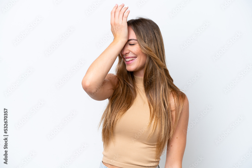 Young caucasian woman isolated on white background has realized something and intending the solution Young caucasian woman isolated on white background has realized something and intending the solution