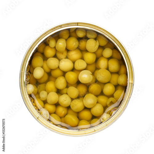 Canned peas, pickled vegetables in a tin.