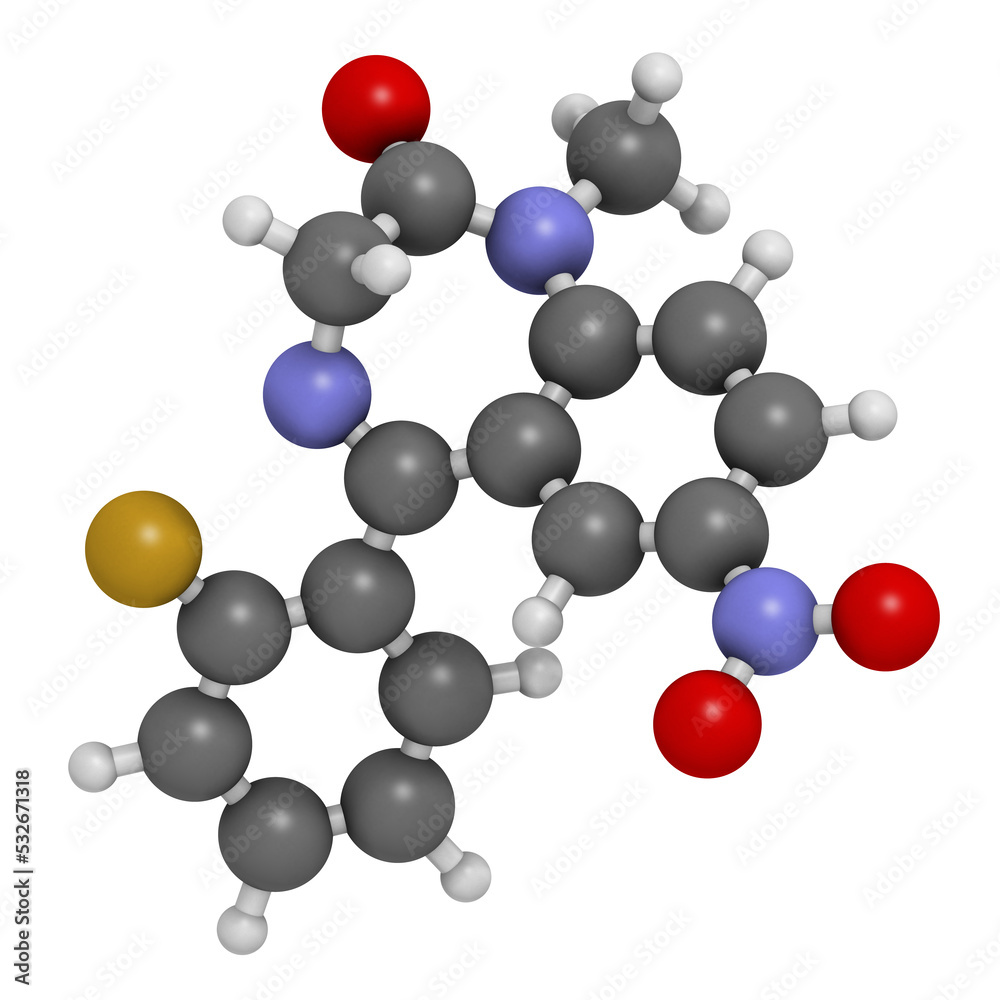 Flunitrazepam hypnotic drug molecule. 3D rendering. Atoms are represented as spheres with conventional color coding