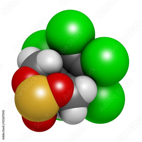 Endosulfan insecticide molecule. Banned in many countries due to toxicity. 3D rendering. Atoms are represented as spheres with conventional color coding photo