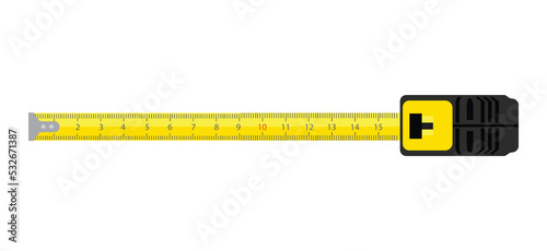 Vector illustration yellow measuring roulette isolated on white background top view. Construction tool. Tape measure icon, symbol