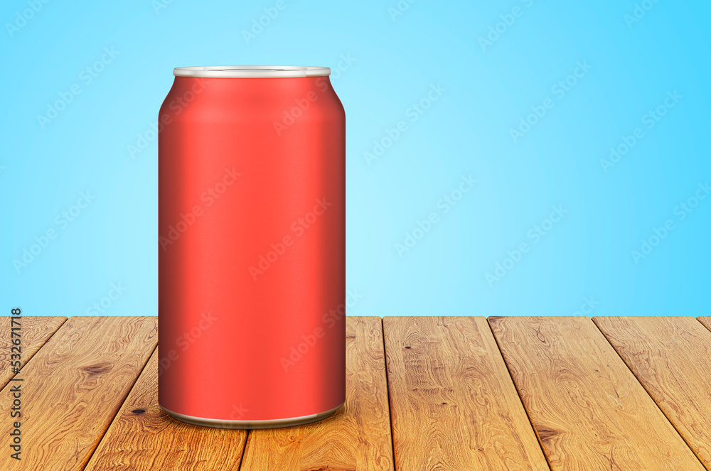 Metallic can on the wooden table, 3D rendering Metallic can on the wooden table, 3D rendering