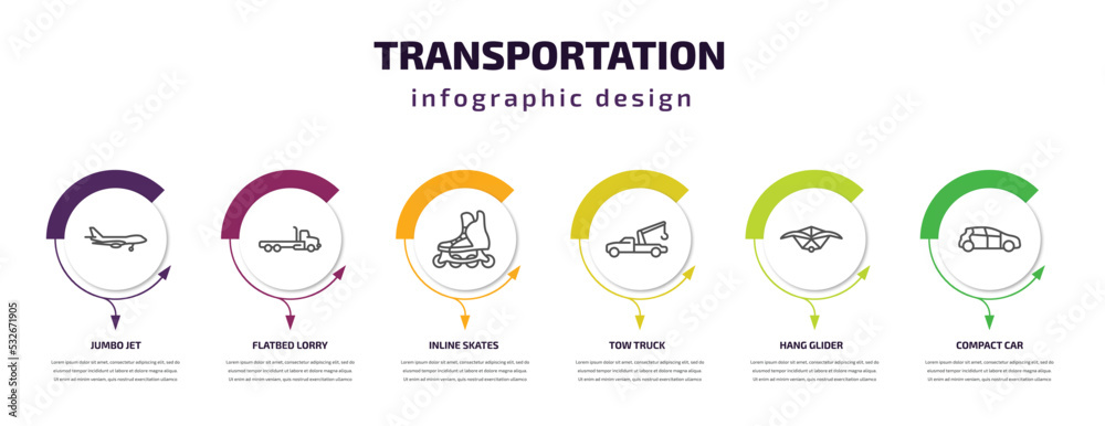 transportation infographic template with icons and 6 step or option. transportation icons such as jumbo jet, flatbed lorry, inline skates, tow truck, hang glider, compact car vector. can be used for