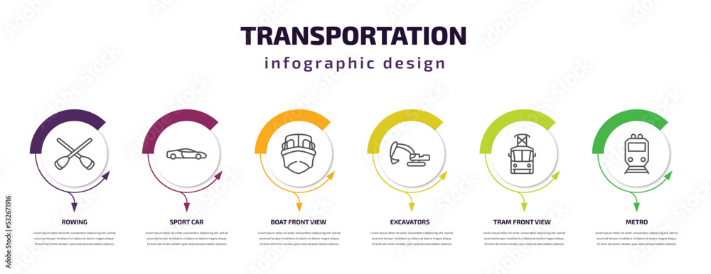 transportation infographic template with icons and 6 step or option. transportation icons such as rowing, sport car, boat front view, excavators, tram front view, metro vector. can be used for