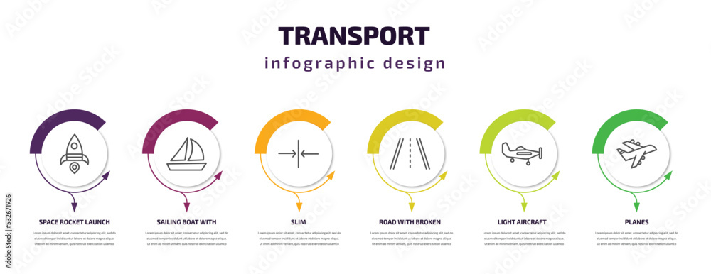 transport infographic template with icons and 6 step or option. transport icons such as space rocket launch, sailing boat with veils, slim, road with broken lines, light aircraft, planes vector. can