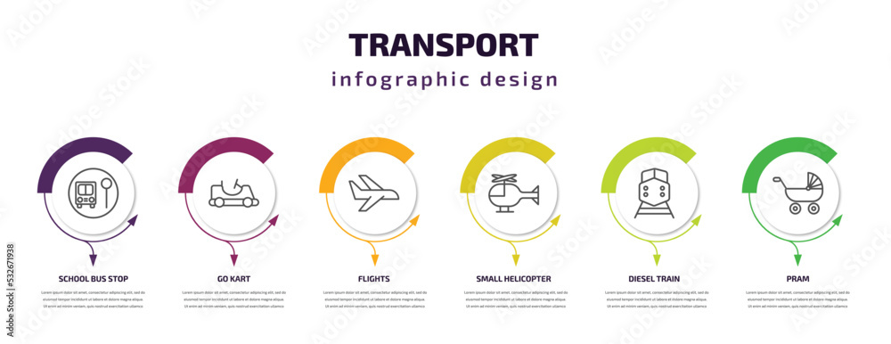 transport infographic template with icons and 6 step or option. transport icons such as school bus stop, go kart, flights, small helicopter, diesel train, pram vector. can be used for banner, info transport infographic template with icons and 6 step or option. transport icons such as school bus stop, go kart, flights, small helicopter, diesel train, pram vector. can be used for banner, info