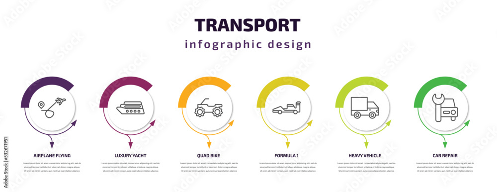 transport infographic template with icons and 6 step or option. transport icons such as airplane flying, luxury yacht, quad bike, formula 1, heavy vehicle, car repair vector. can be used for banner,