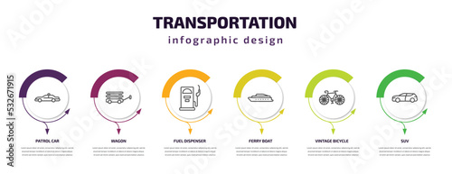 transportation infographic template with icons and 6 step or option. transportation icons such as patrol car, wagon, fuel dispenser, ferry boat, vintage bicycle, suv vector. can be used for banner,