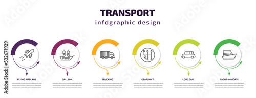 transport infographic template with icons and 6 step or option. transport icons such as flying airplane, galleon, trucking, gearshift, long car, yacht navigate vector. can be used for banner, info