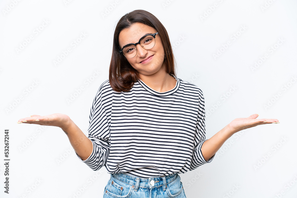 Young caucasian woman isolated on white background having doubts Young caucasian woman isolated on white background having doubts