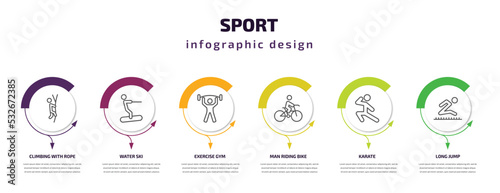 sport infographic template with icons and 6 step or option. sport icons such as climbing with rope, water ski, exercise gym, man riding bike, karate, long jump vector. can be used for banner, info